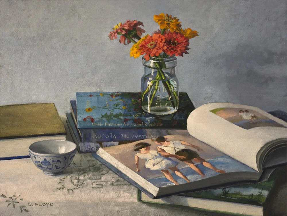 Eternal Summer with Books and Flowers, 18 x 24 inches, Oil on